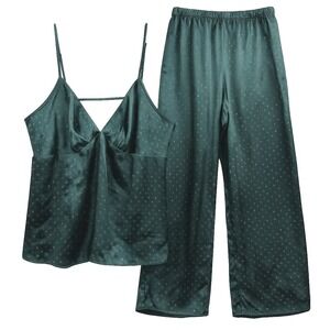 Linea Donatella Emerald Silky Gold Dot Cami Set Luxe Pajama Lounge Glam Chic L